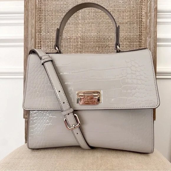 KATE SPADE KNIGHTSBRIDGE DORIS CROC EMBOSSED TAUPE LEATHER HANDBAG SATCHEL - Picture 2 of 11